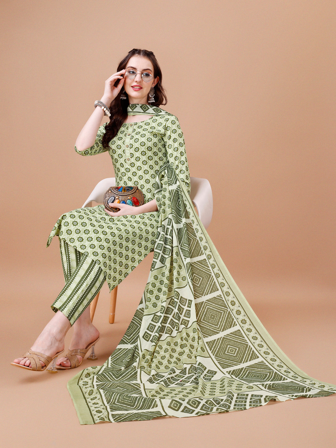 Floral Printed Cotton Kurta With Pant & Dupatta, Multicolor - Hiral Fashion