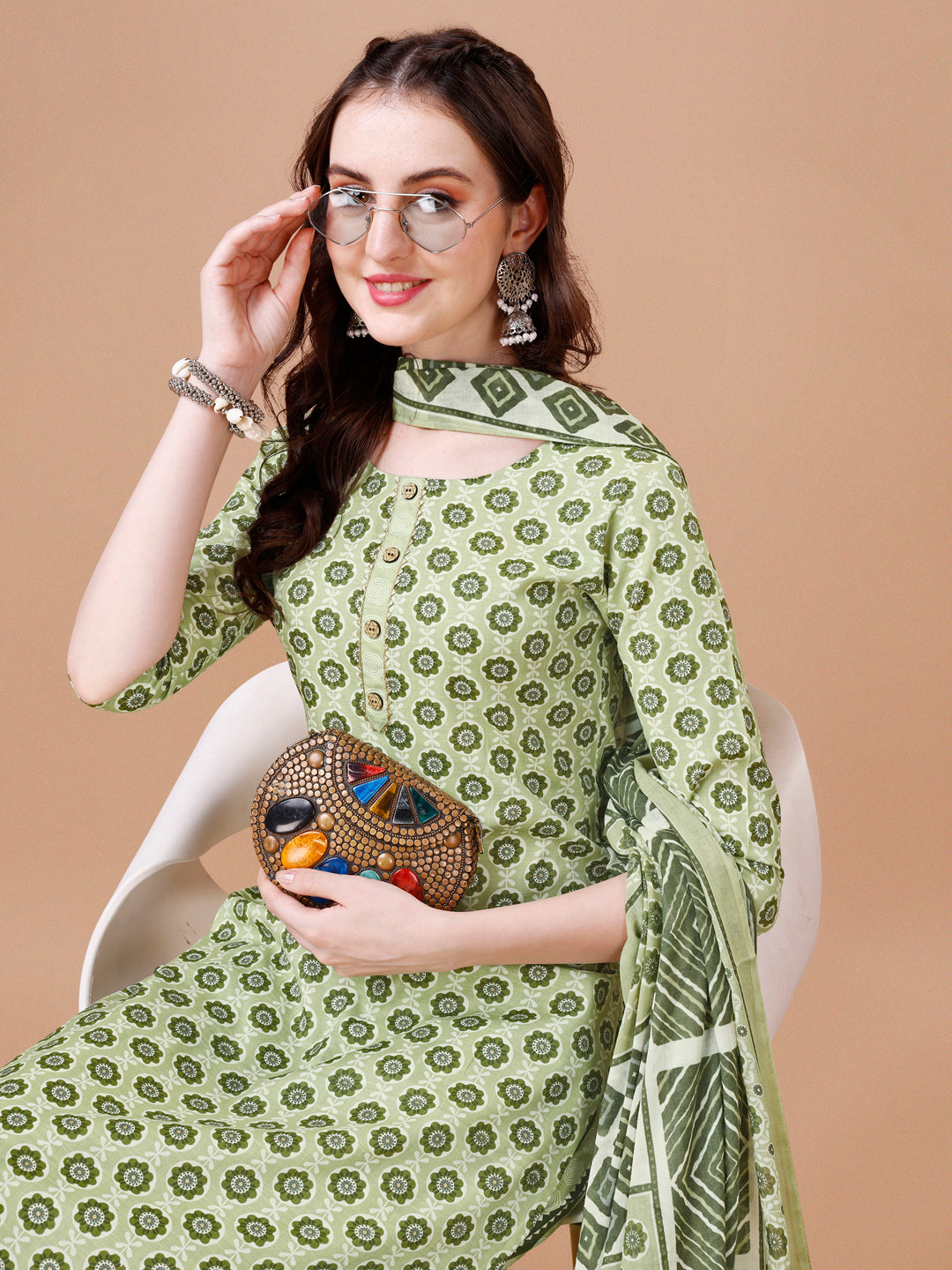 Floral Printed Cotton Kurta With Pant & Dupatta, Multicolor - Hiral Fashion