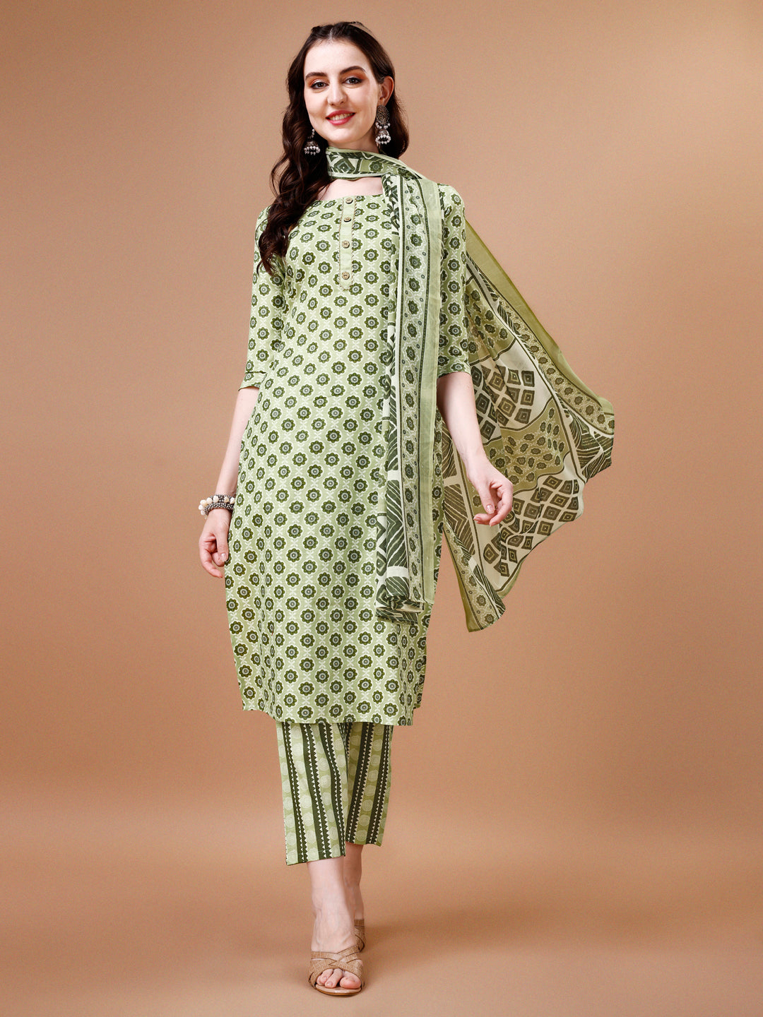Floral Printed Cotton Kurta With Pant & Dupatta, Multicolor - Hiral Fashion