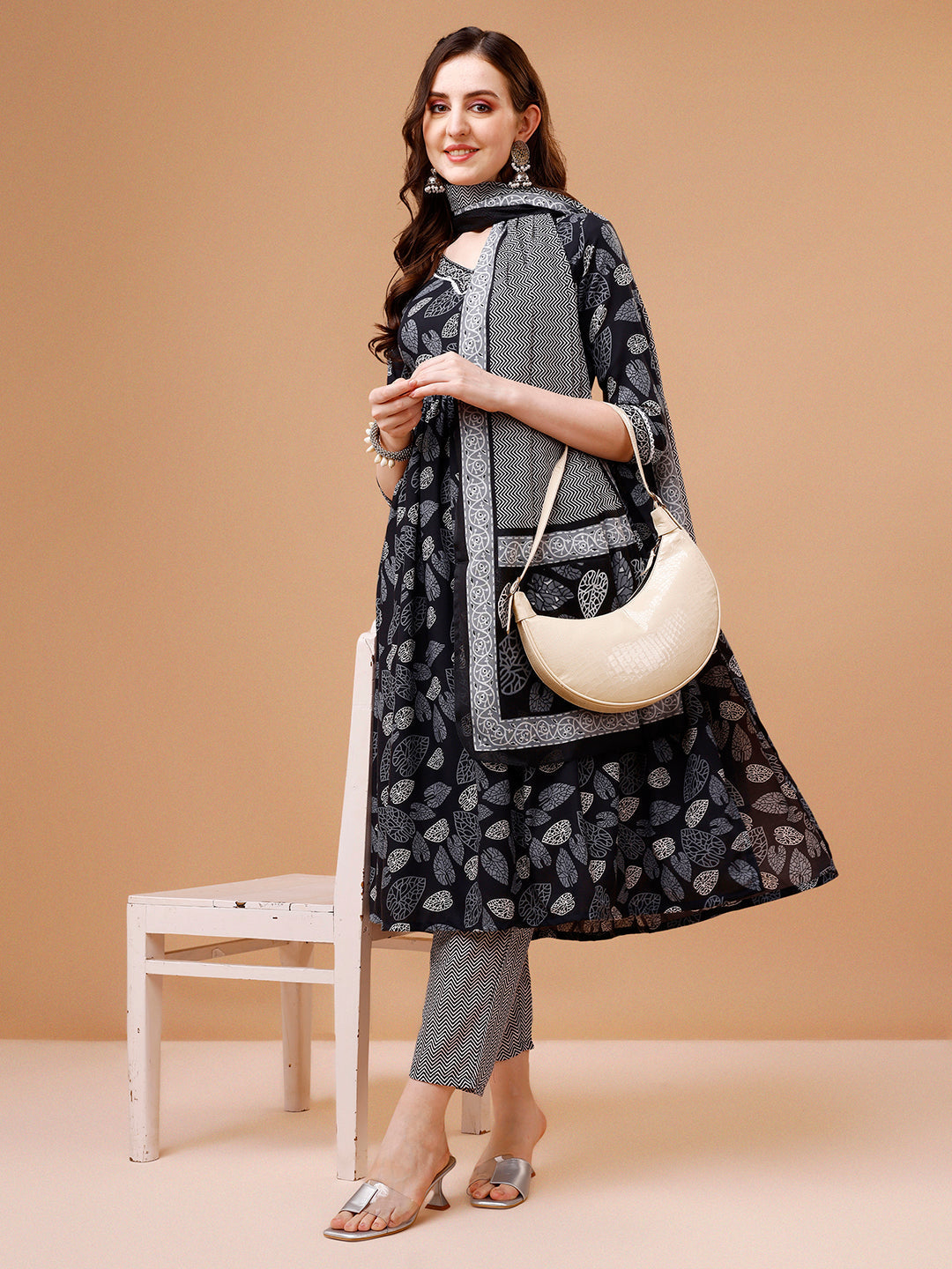Leaf Printed Flared Kurta With Pant & Dupatta, Multicolor - Hiral Fashion
