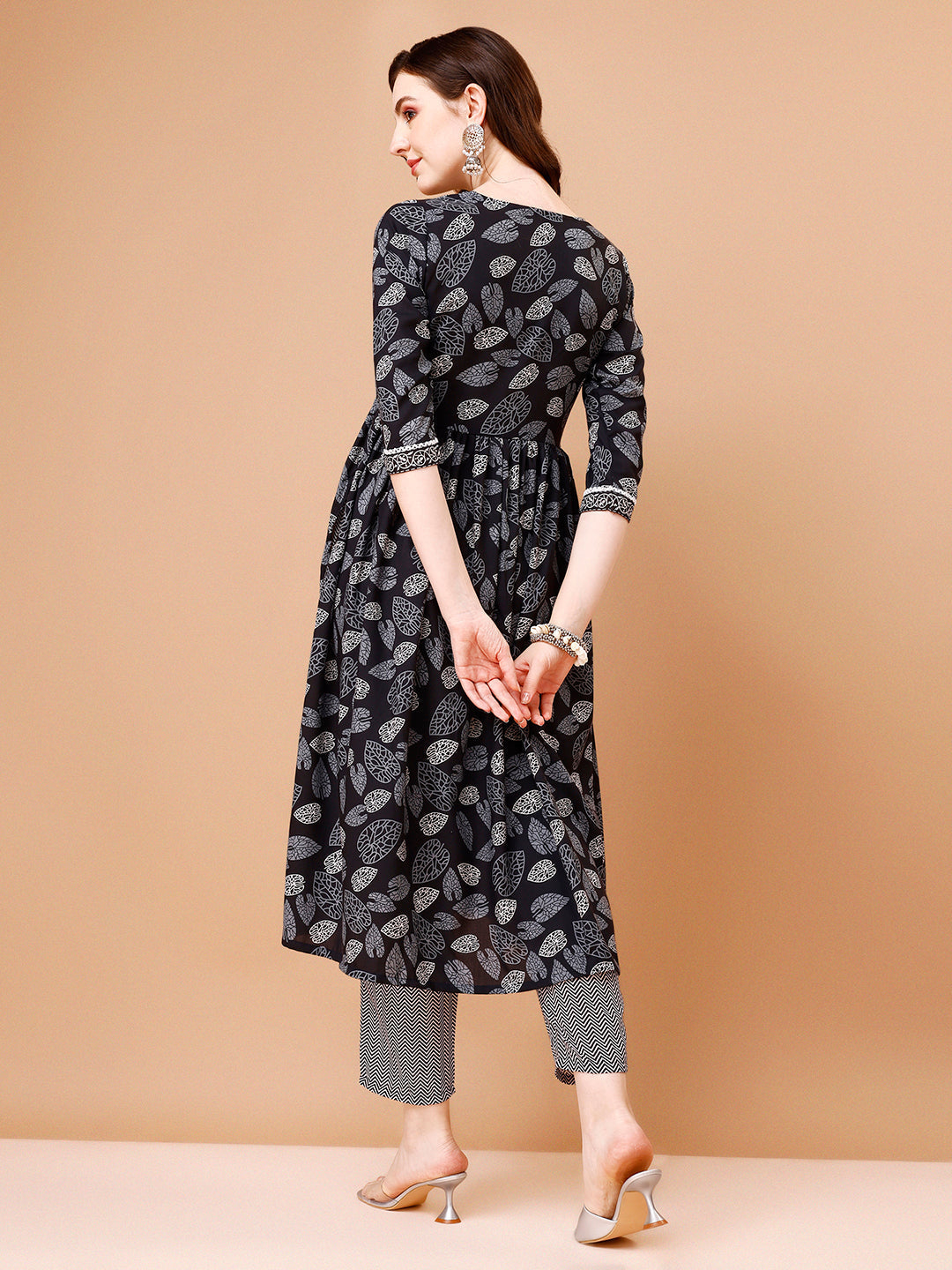 Leaf Printed Flared Kurta With Pant & Dupatta, Multicolor - Hiral Fashion