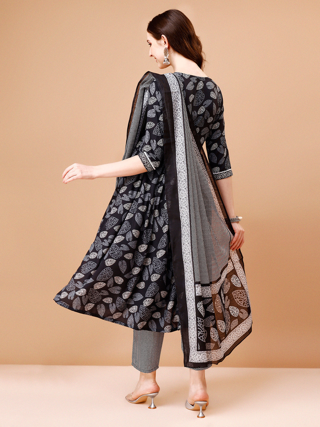 Leaf Printed Flared Kurta With Pant & Dupatta, Multicolor - Hiral Fashion