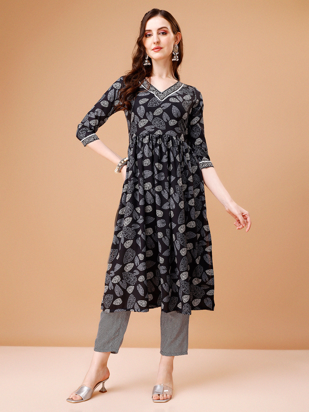 Leaf Printed Flared Kurta With Pant & Dupatta, Multicolor - Hiral Fashion