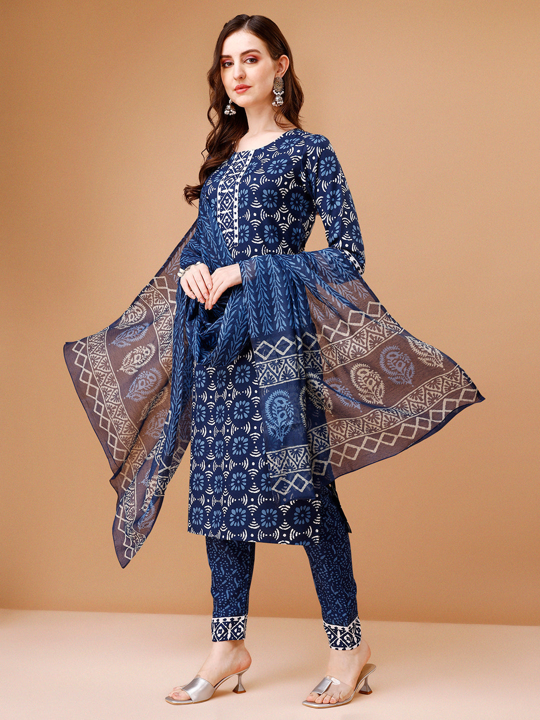 Printed Rayon Kurta With Pant & Dupatta, Multicolor - Hiral Fashion