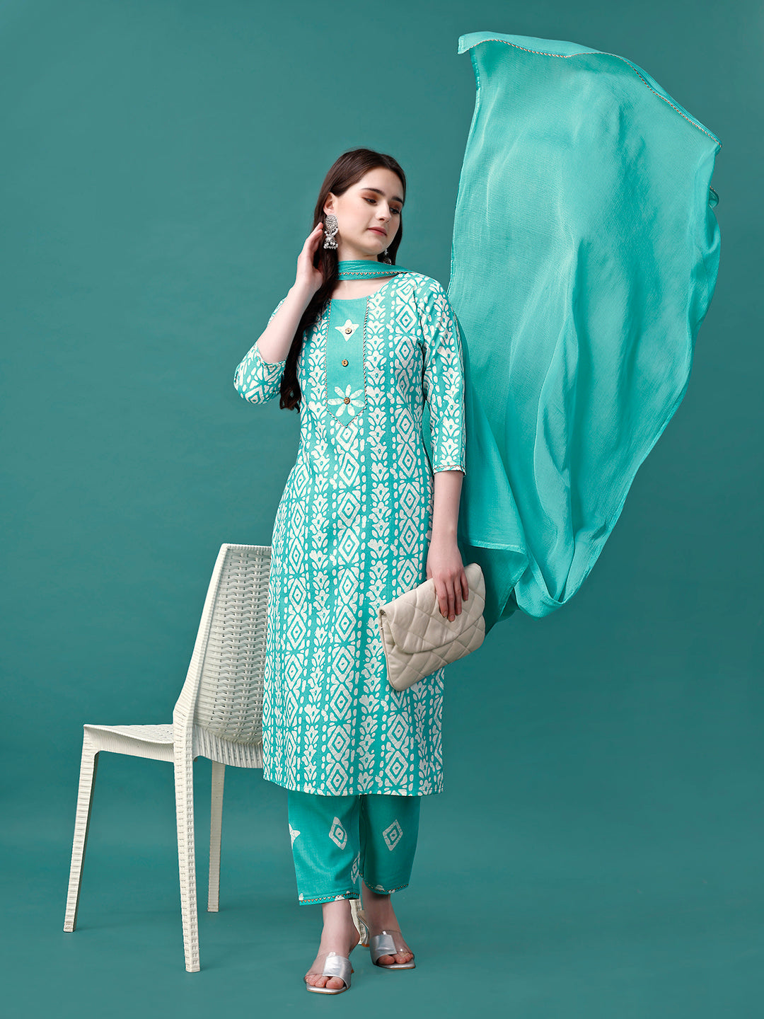 Bandhani Printed Cotton Kurta With Pant & Dupatta, Multicolor - Hiral Fashion