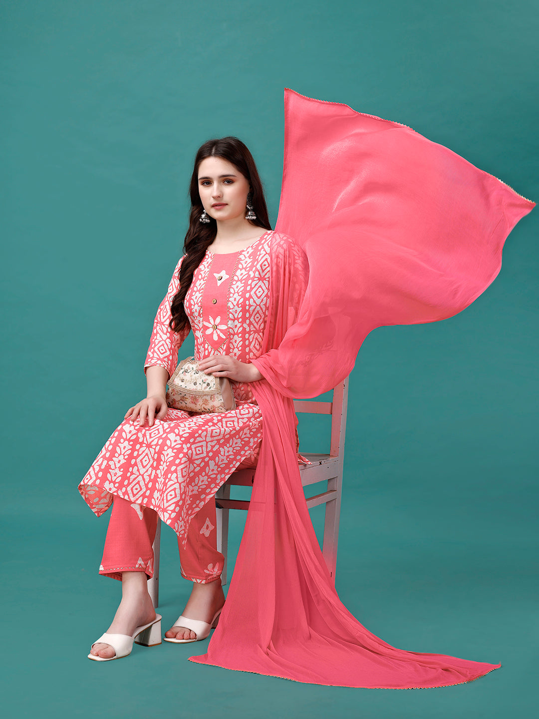 Bandhani Printed Cotton Kurta With Pant & Dupatta, Multicolor - Hiral Fashion
