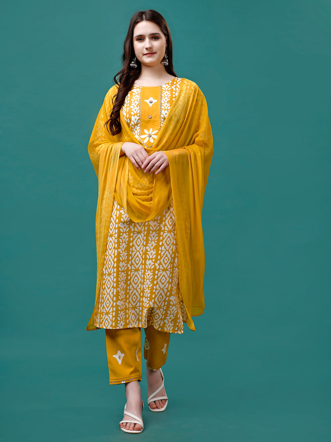 Bandhani Printed Cotton Kurta With Pant & Dupatta, Multicolor - Hiral Fashion