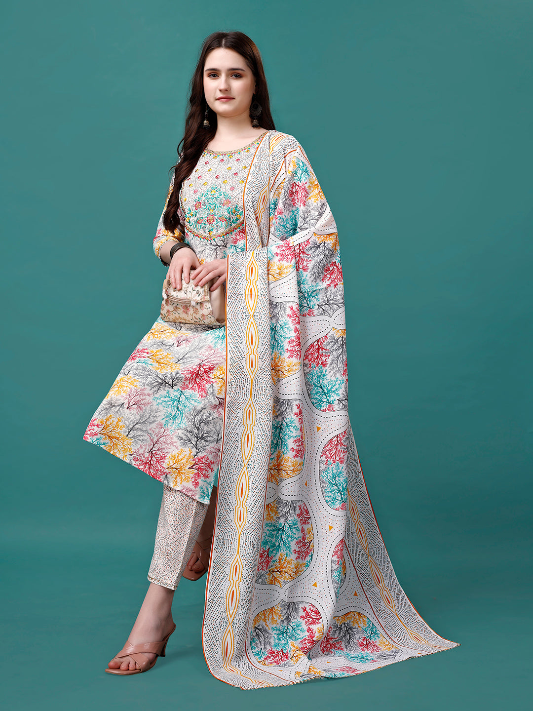 Embroidered & Printed Multicolor Kurta With Pant & Printed Dupatta, Multicolor - Hiral Fashion