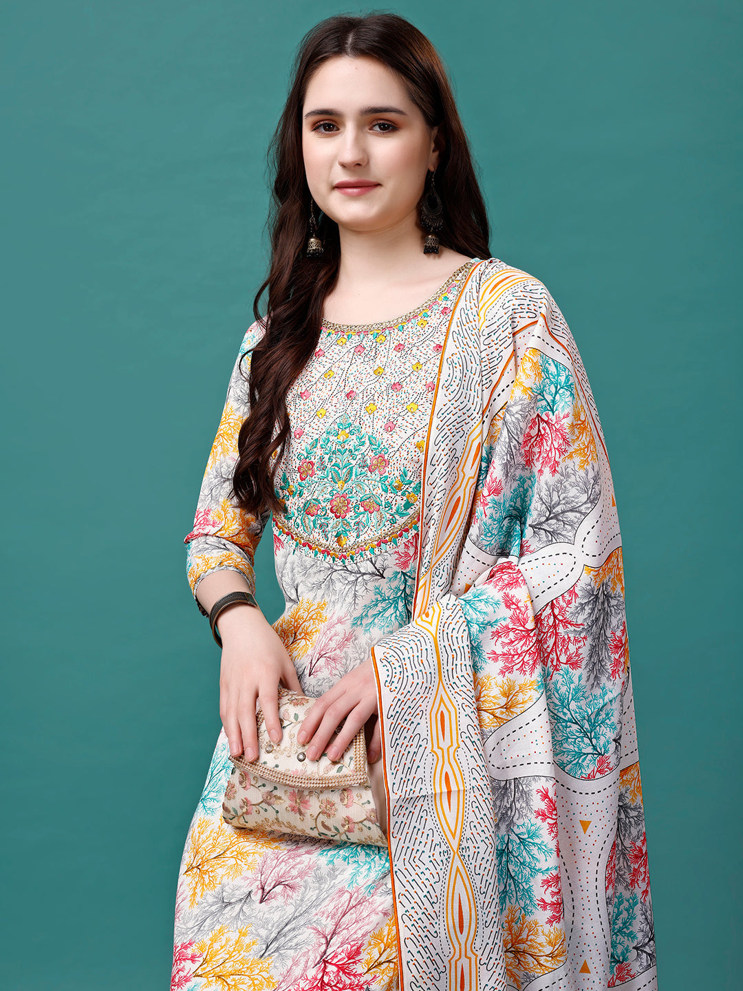 Embroidered & Printed Multicolor Kurta With Pant & Printed Dupatta, Multicolor - Hiral Fashion