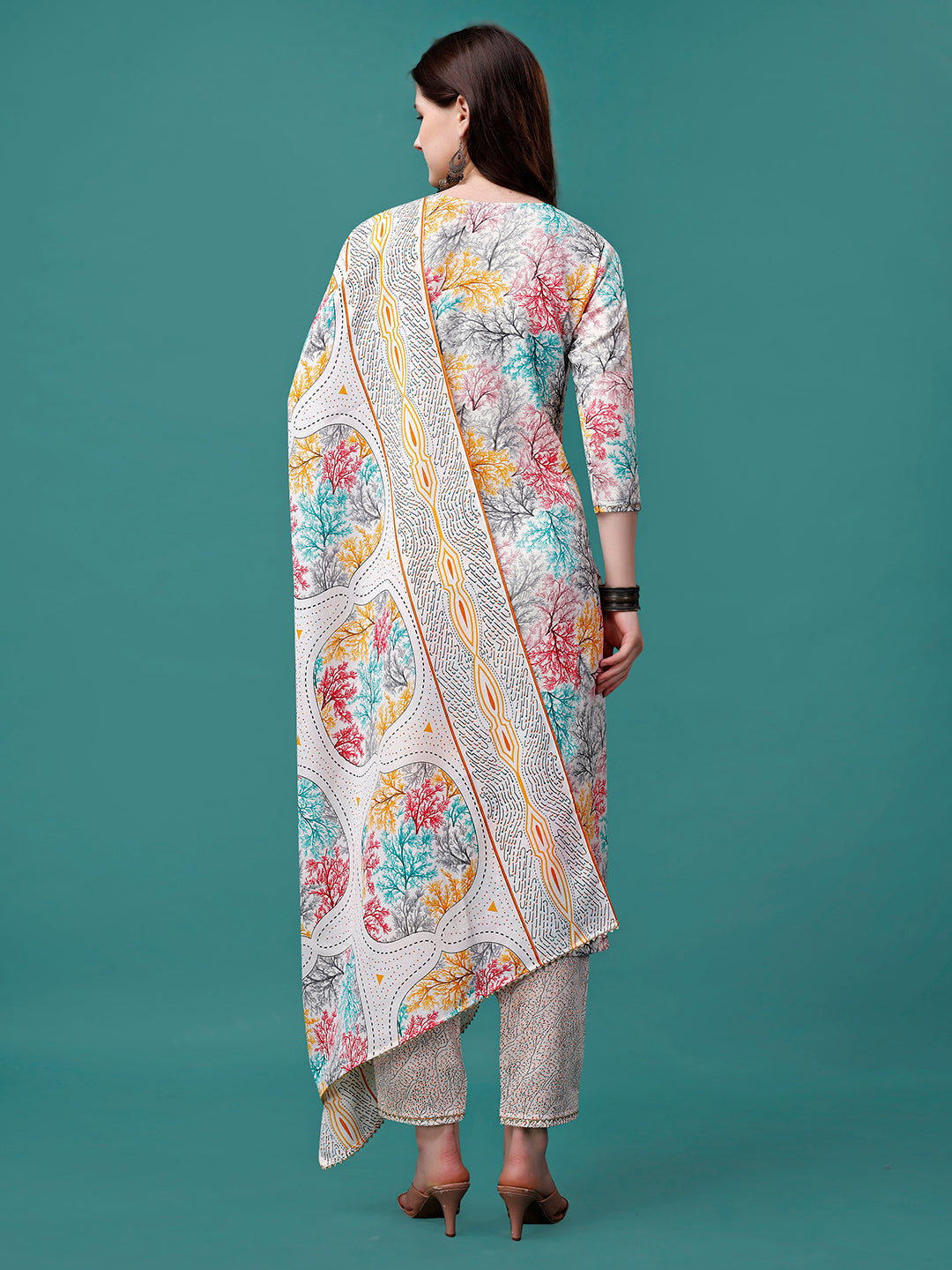 Embroidered & Printed Multicolor Kurta With Pant & Printed Dupatta, Multicolor - Hiral Fashion