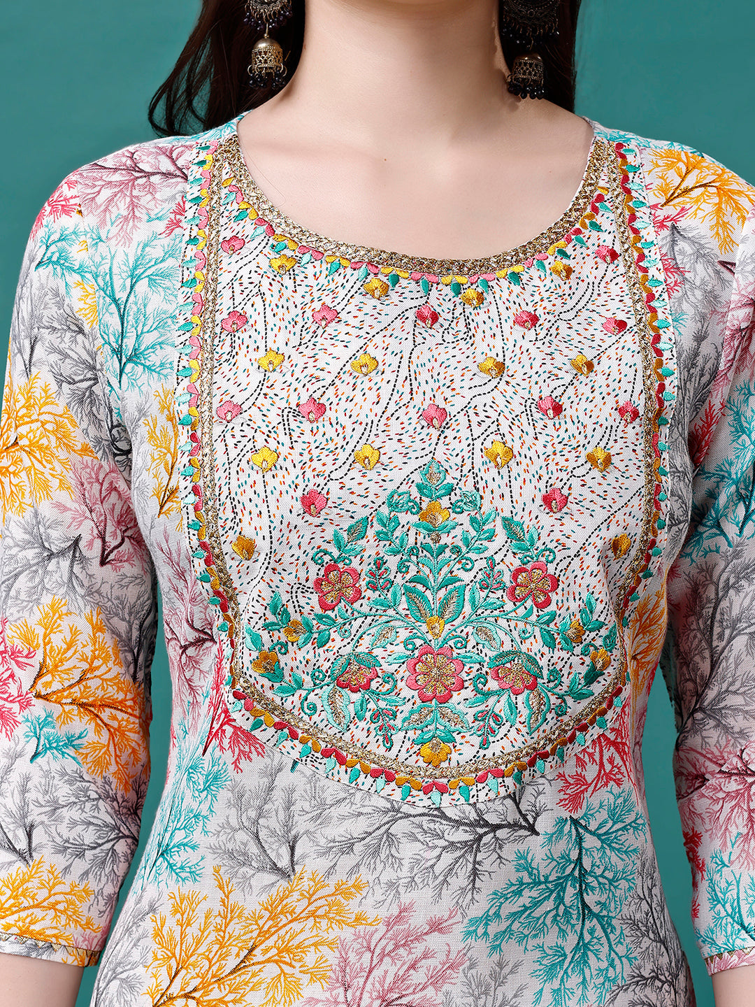 Embroidered & Printed Multicolor Kurta With Pant & Printed Dupatta, Multicolor - Hiral Fashion