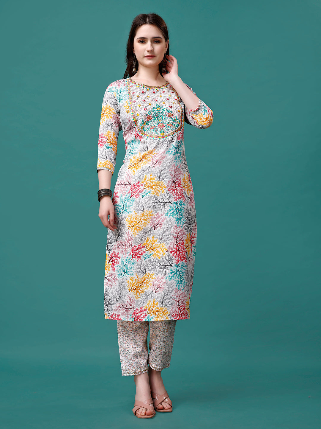 Embroidered & Printed Multicolor Kurta With Pant & Printed Dupatta, Multicolor - Hiral Fashion