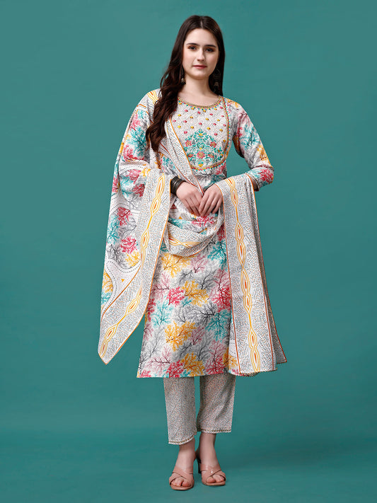 Embroidered & Printed Multicolor Kurta With Pant & Printed Dupatta, Multicolor - Hiral Fashion