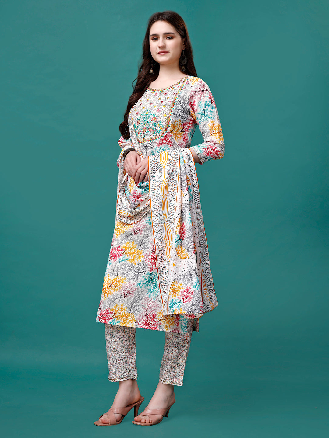 Embroidered & Printed Multicolor Kurta With Pant & Printed Dupatta, Multicolor - Hiral Fashion
