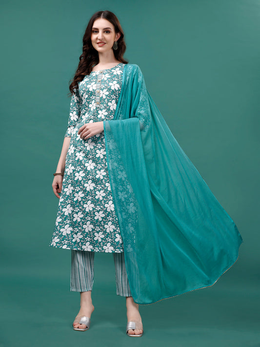 Floral Printed Casual Wear Kurta With Pant & Dupatta, Multicolor - Hiral Fashion