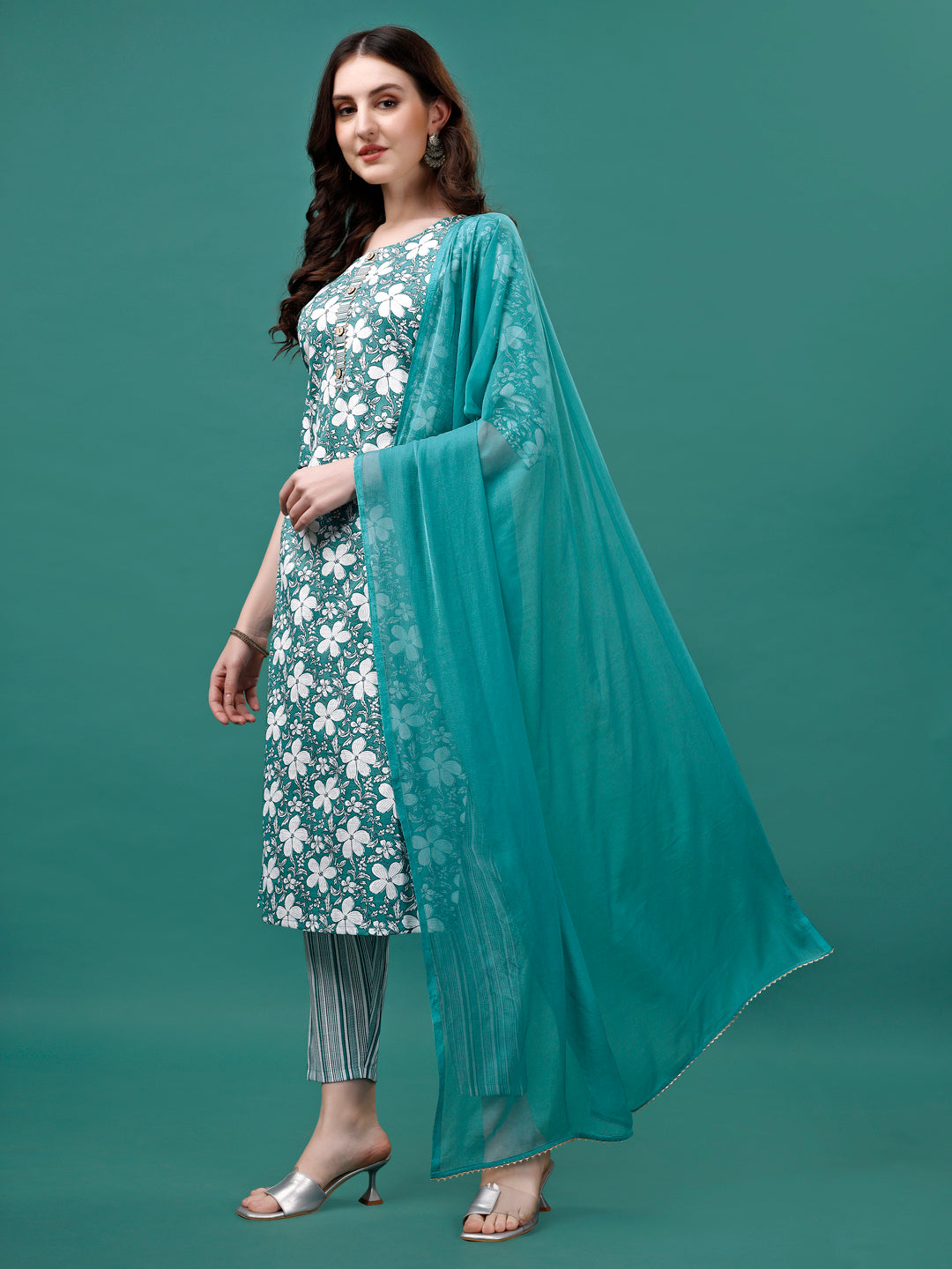 Floral Printed Casual Wear Kurta With Pant & Dupatta, Multicolor - Hiral Fashion