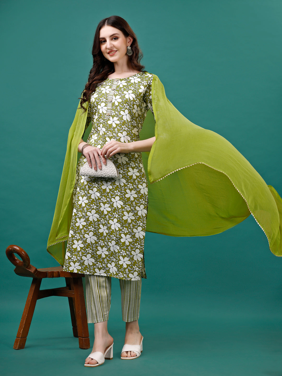 Floral Printed Casual Wear Kurta With Pant & Dupatta, Multicolor - Hiral Fashion