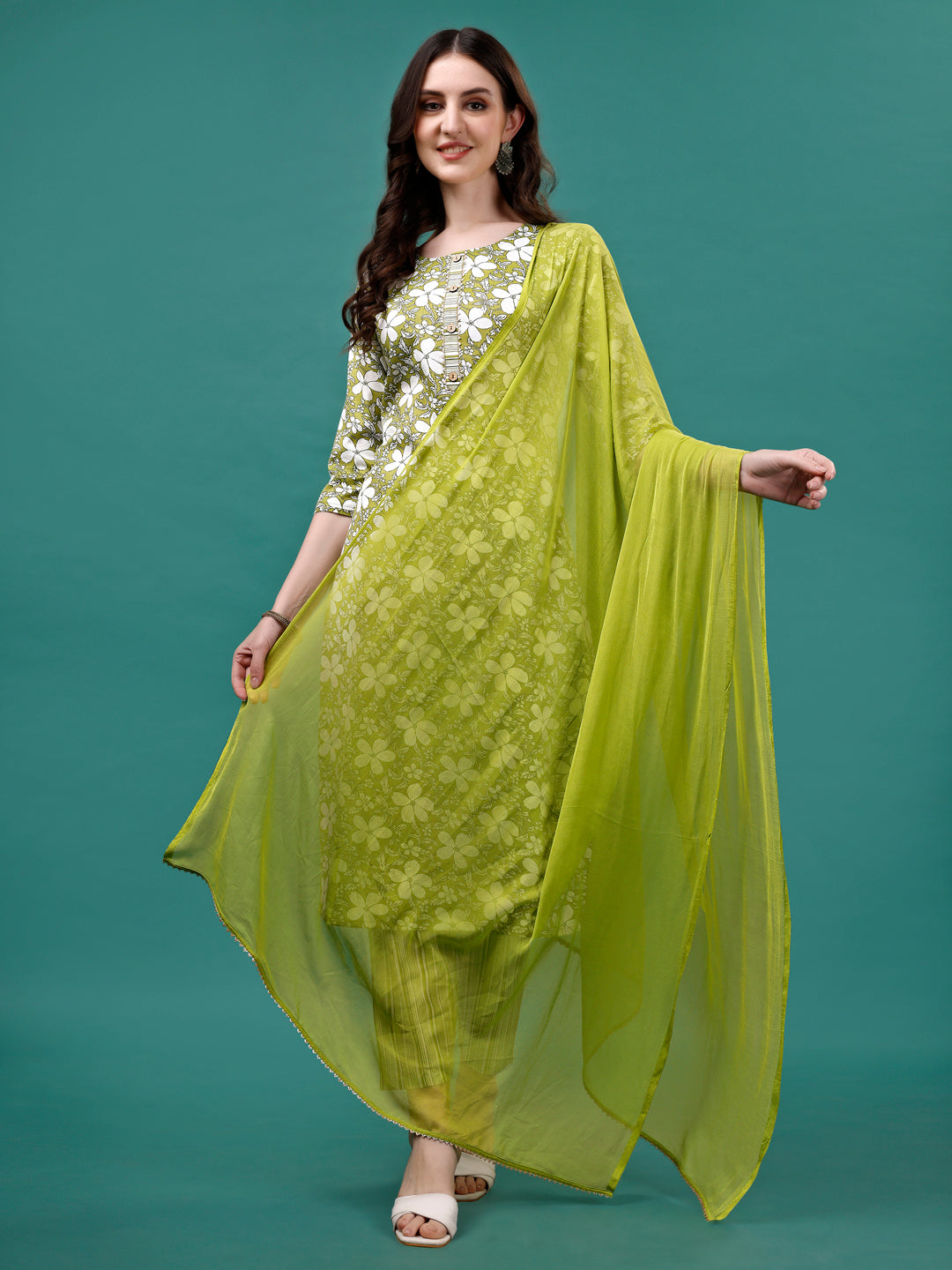 Floral Printed Casual Wear Kurta With Pant & Dupatta, Multicolor - Hiral Fashion