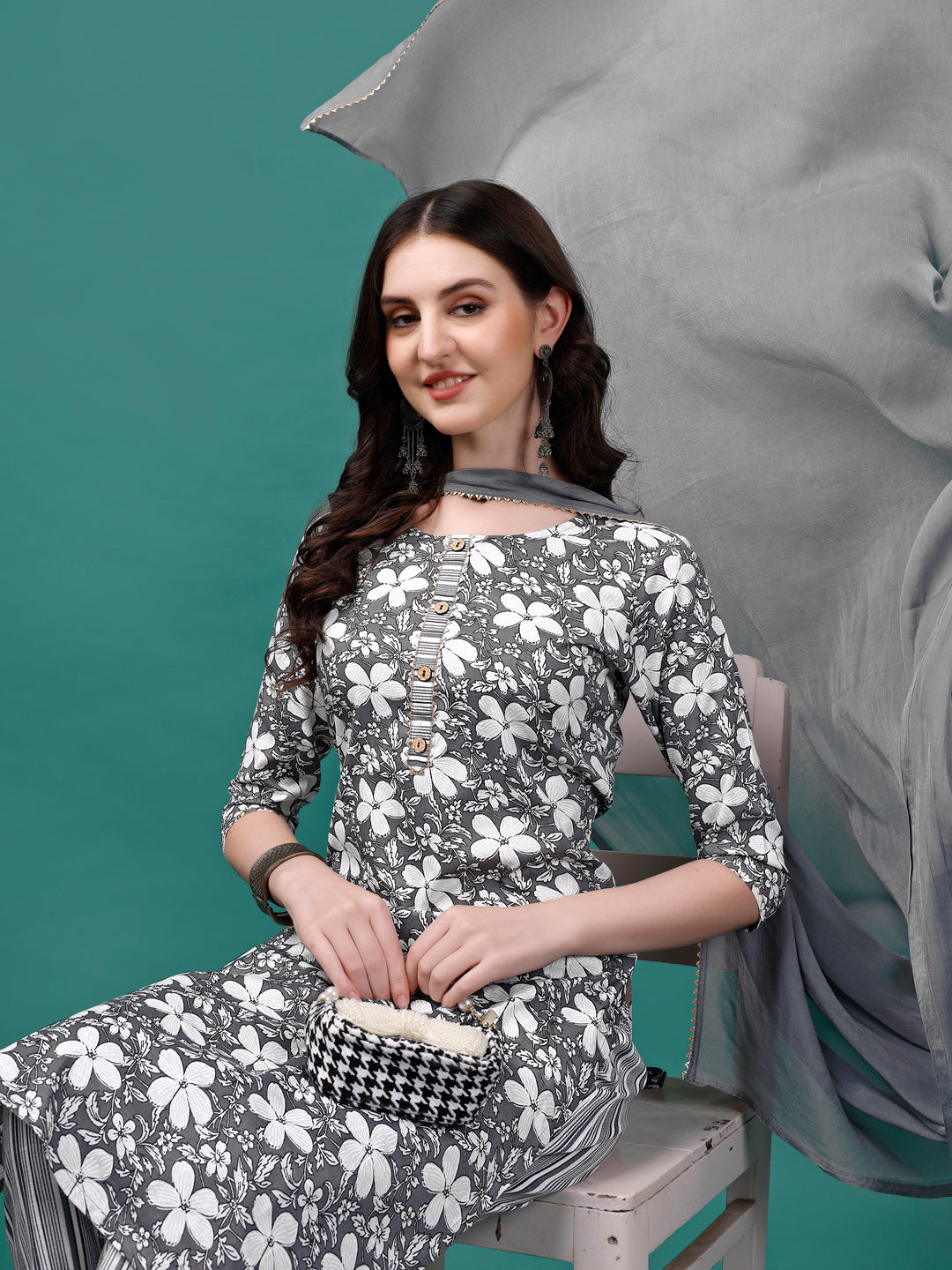 Floral Printed Casual Wear Kurta With Pant & Dupatta, Multicolor - Hiral Fashion