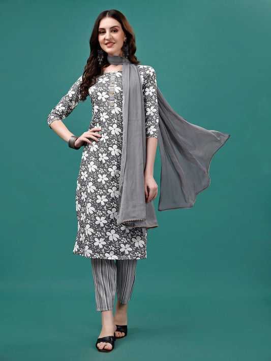 Floral Printed Casual Wear Kurta With Pant & Dupatta, Multicolor - Hiral Fashion