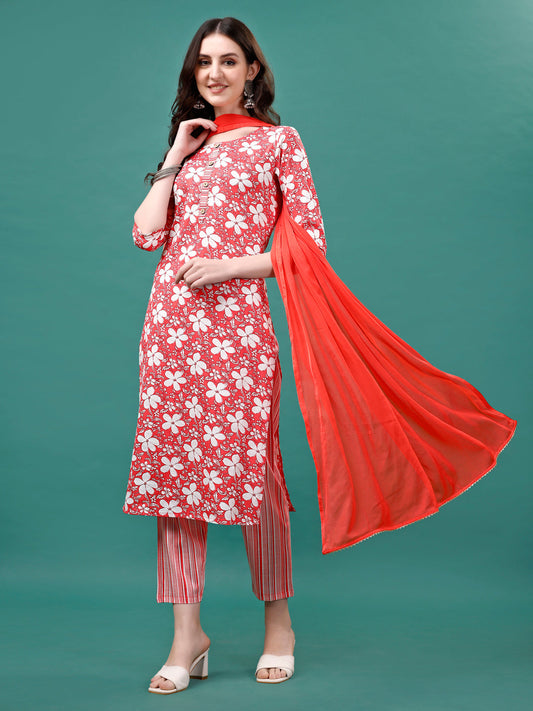 Floral Printed Casual Wear Kurta With Pant & Dupatta, Multicolor - Hiral Fashion
