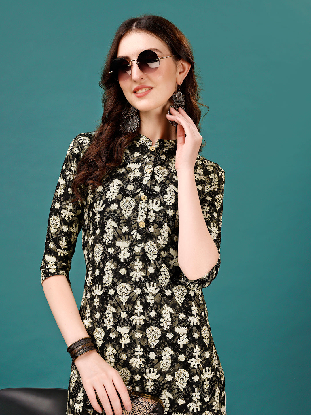 Ethnic Motifs Printed Front Buttoned Rayon Kurta, Multicolor - Hiral Fashion