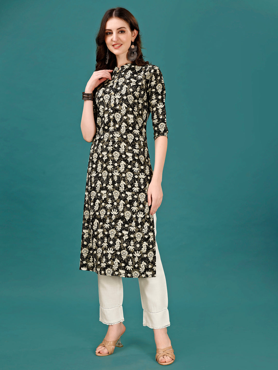 Ethnic Motifs Printed Front Buttoned Rayon Kurta, Multicolor - Hiral Fashion