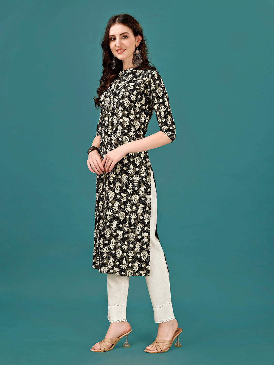 Ethnic Motifs Printed Front Buttoned Rayon Kurta, Multicolor - Hiral Fashion