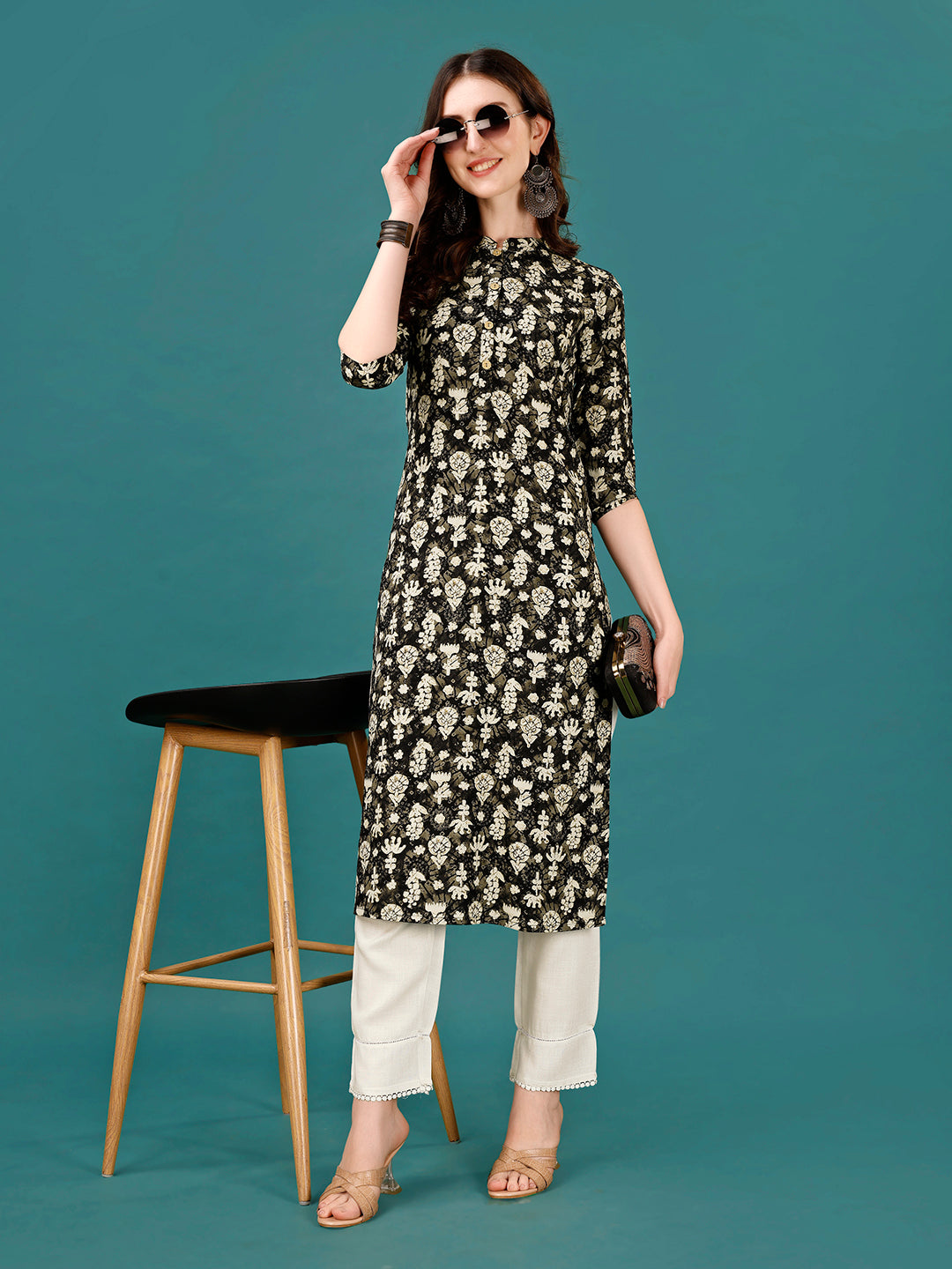 Ethnic Motifs Printed Front Buttoned Rayon Kurta, Multicolor - Hiral Fashion