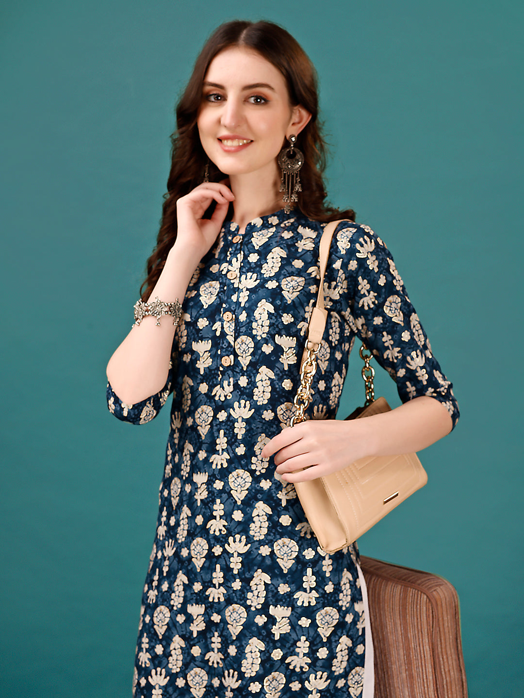 Ethnic Motifs Printed Front Buttoned Rayon Kurta, Multicolor - Hiral Fashion