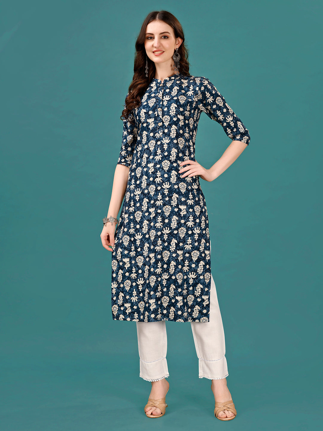 Ethnic Motifs Printed Front Buttoned Rayon Kurta, Multicolor - Hiral Fashion