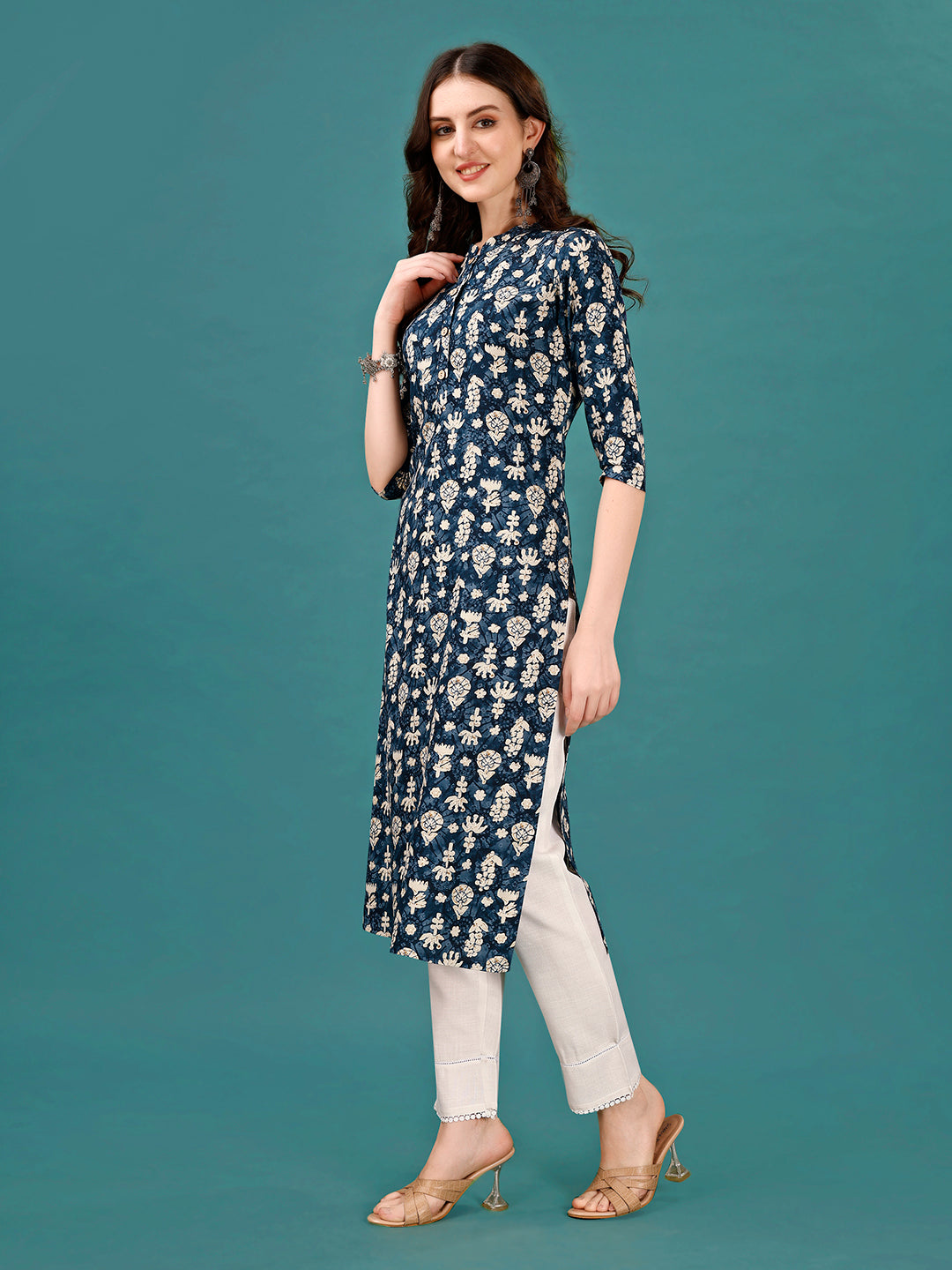 Ethnic Motifs Printed Front Buttoned Rayon Kurta, Multicolor - Hiral Fashion