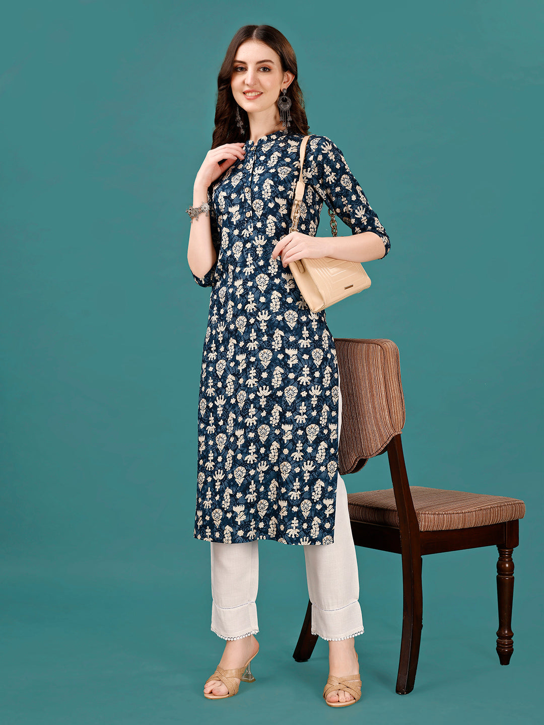 Ethnic Motifs Printed Front Buttoned Rayon Kurta, Multicolor - Hiral Fashion