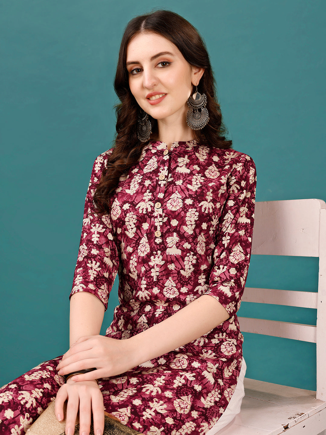 Ethnic Motifs Printed Front Buttoned Rayon Kurta, Multicolor - Hiral Fashion