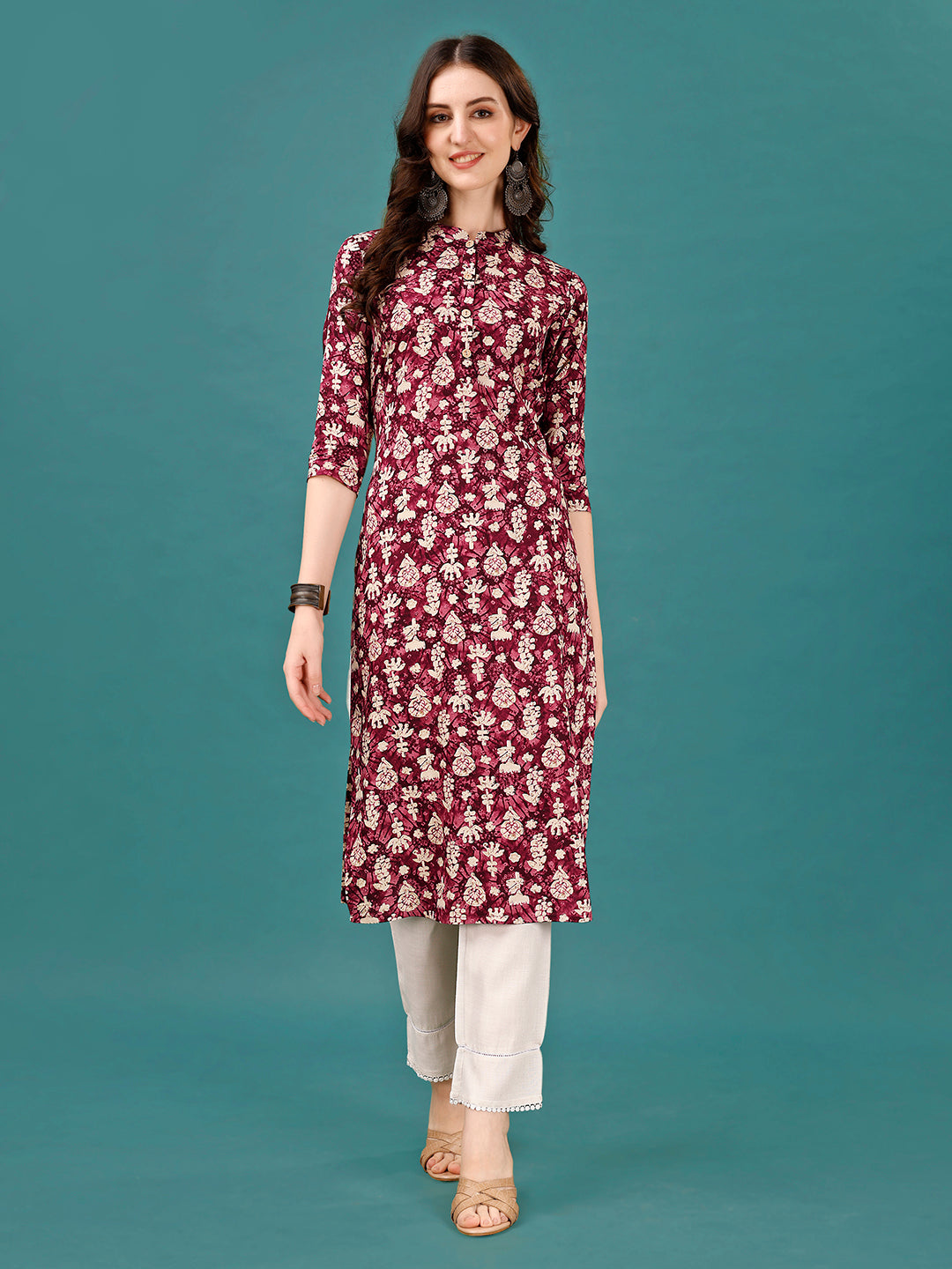 Ethnic Motifs Printed Front Buttoned Rayon Kurta, Multicolor - Hiral Fashion