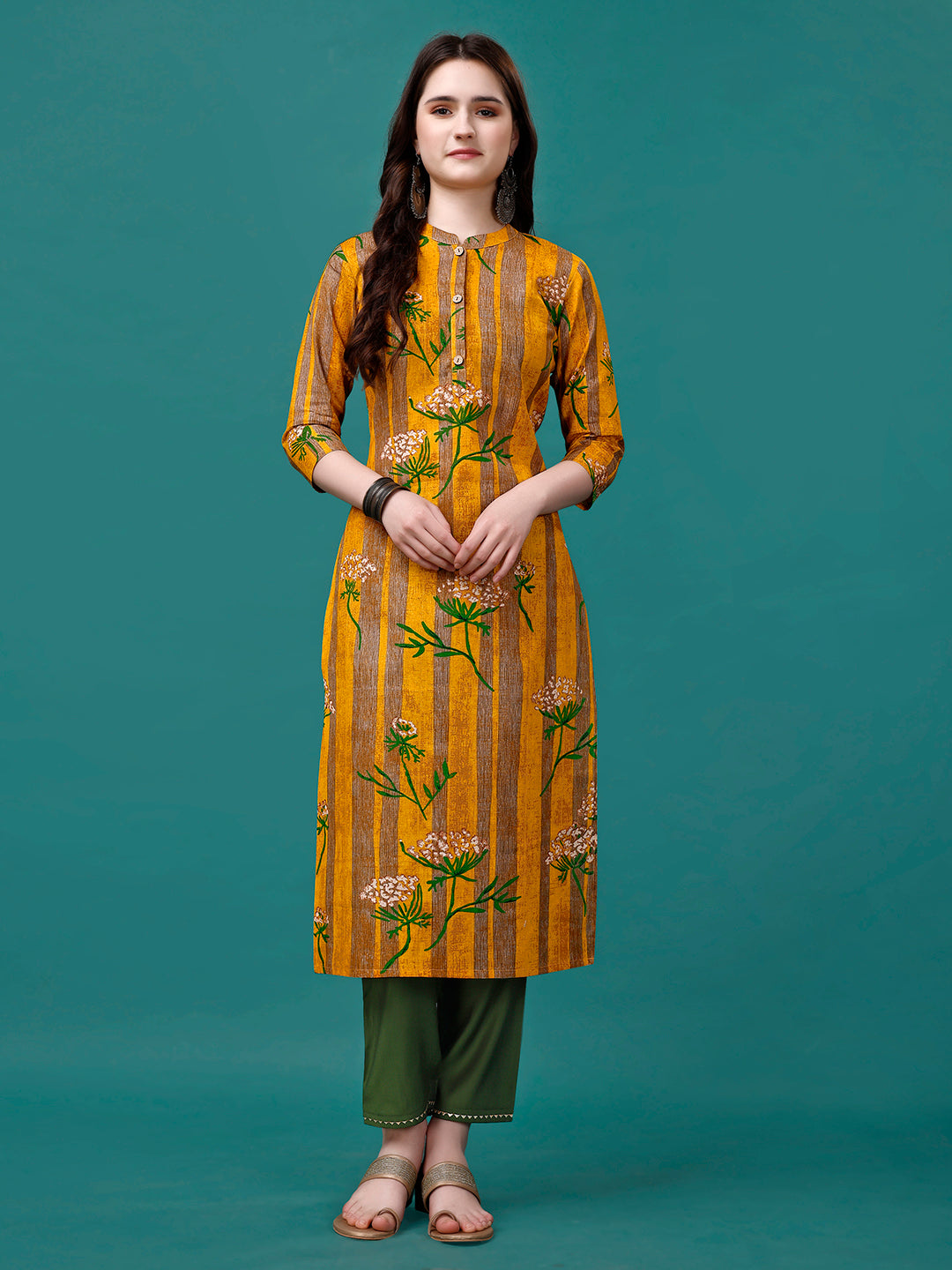 Botanical & Stripes Printed Front Buttoned Cotton Kurta, Multicolor - Hiral Fashion