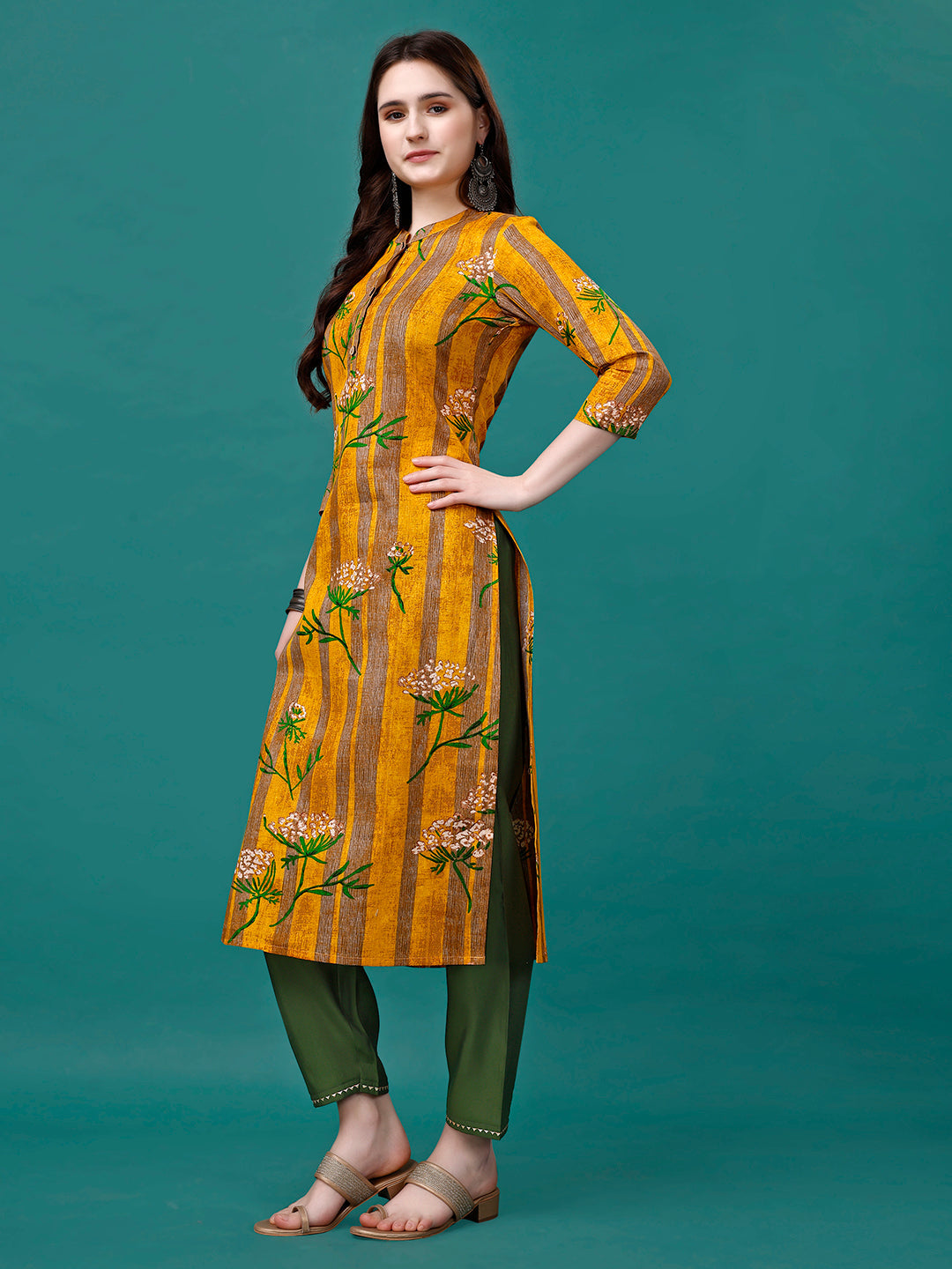 Botanical & Stripes Printed Front Buttoned Cotton Kurta, Multicolor - Hiral Fashion