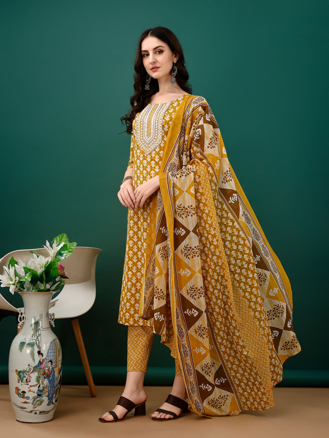 Embroidered & Printed Kurta With Pant & Dupatta, Mustard - Hiral Fashion