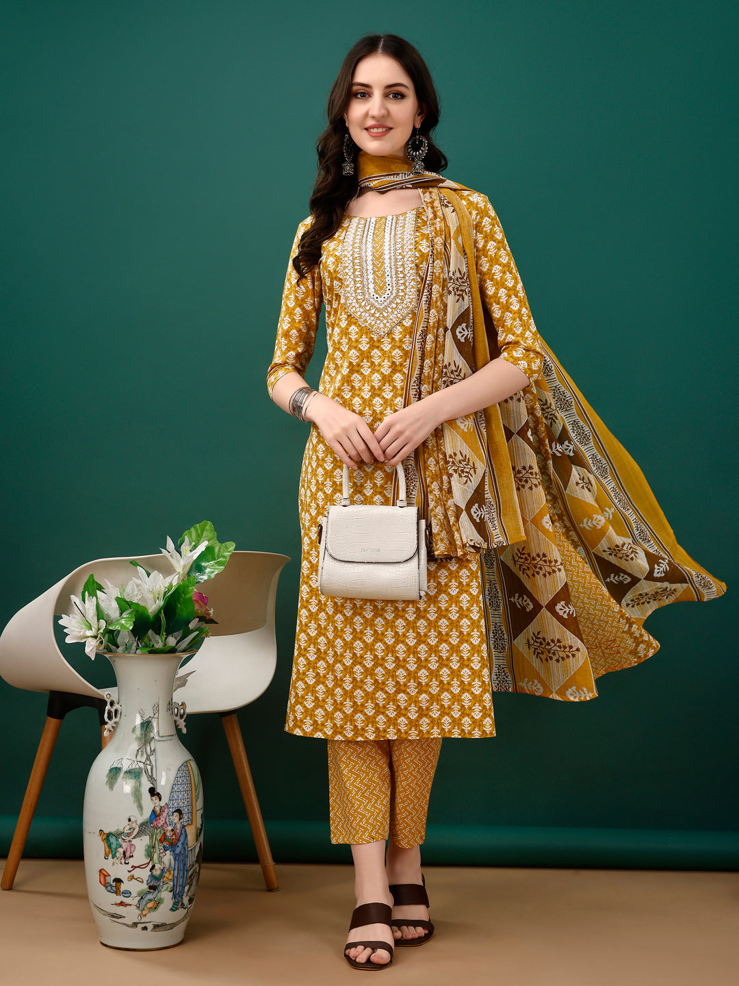 Embroidered & Printed Kurta With Pant & Dupatta, Mustard - Hiral Fashion