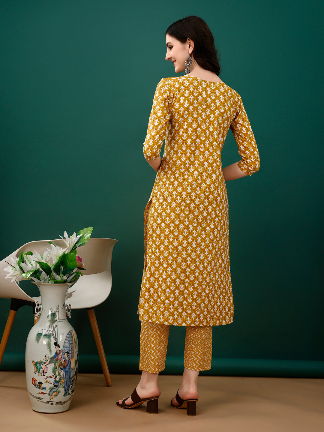 Embroidered & Printed Kurta With Pant & Dupatta, Mustard - Hiral Fashion