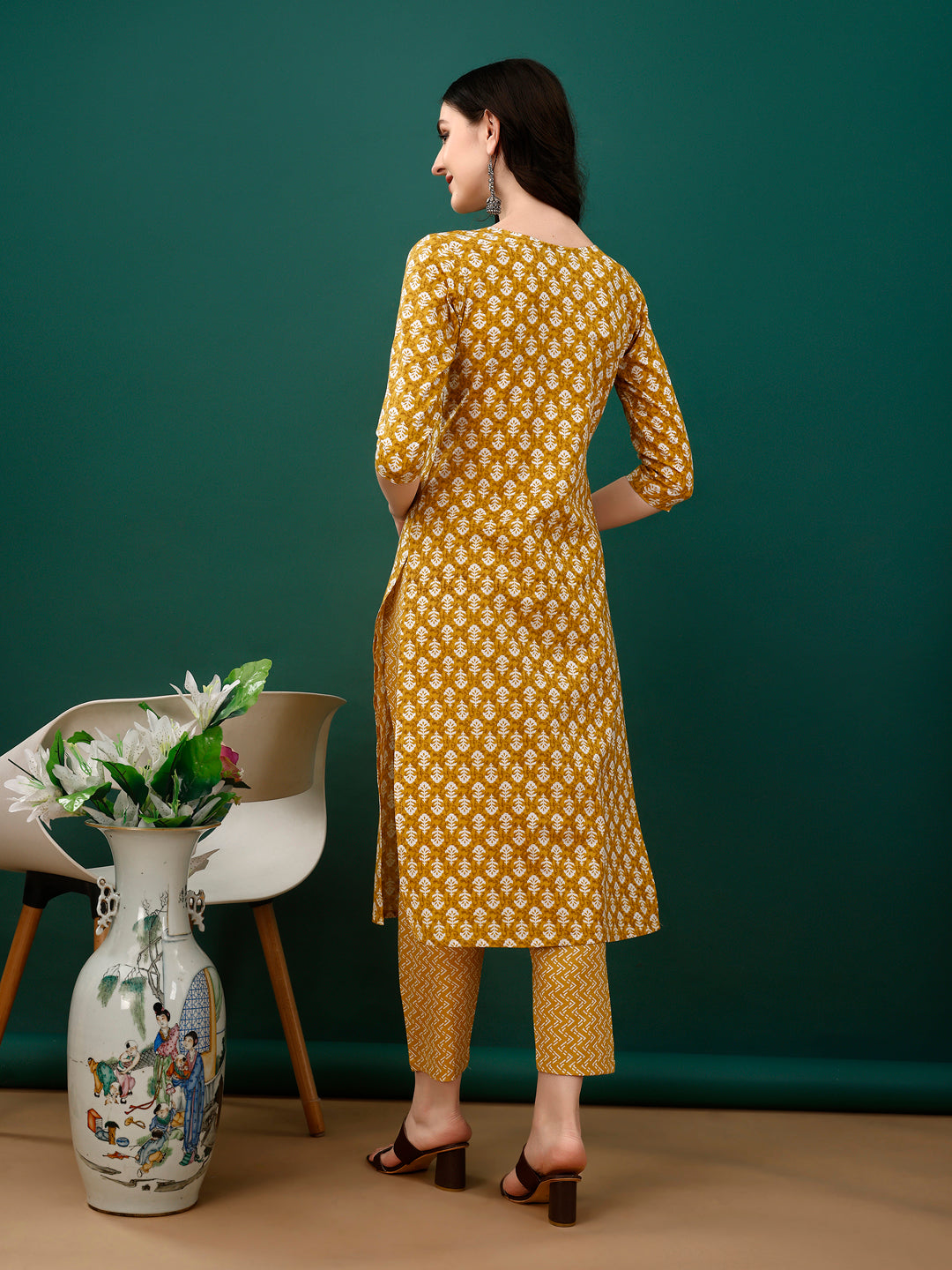 Embroidered & Printed Kurta With Pant & Dupatta, Mustard - Hiral Fashion