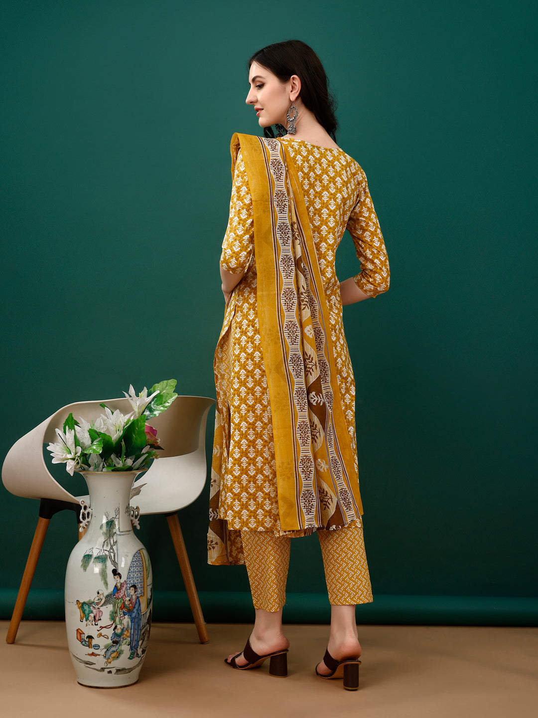 Embroidered & Printed Kurta With Pant & Dupatta, Mustard - Hiral Fashion