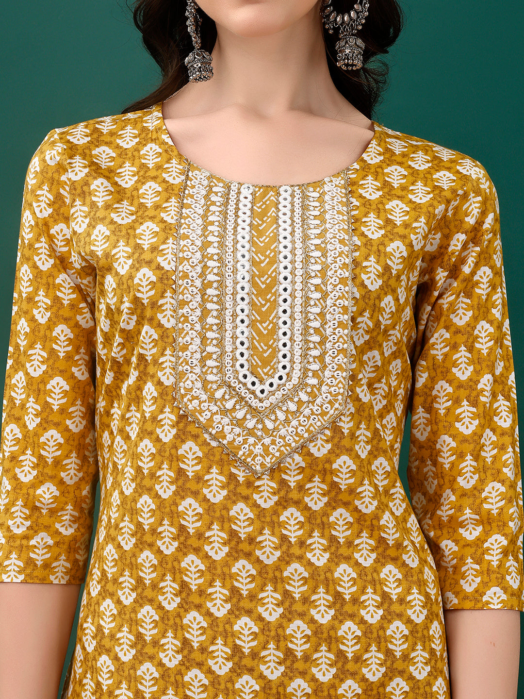 Embroidered & Printed Kurta With Pant & Dupatta, Mustard - Hiral Fashion