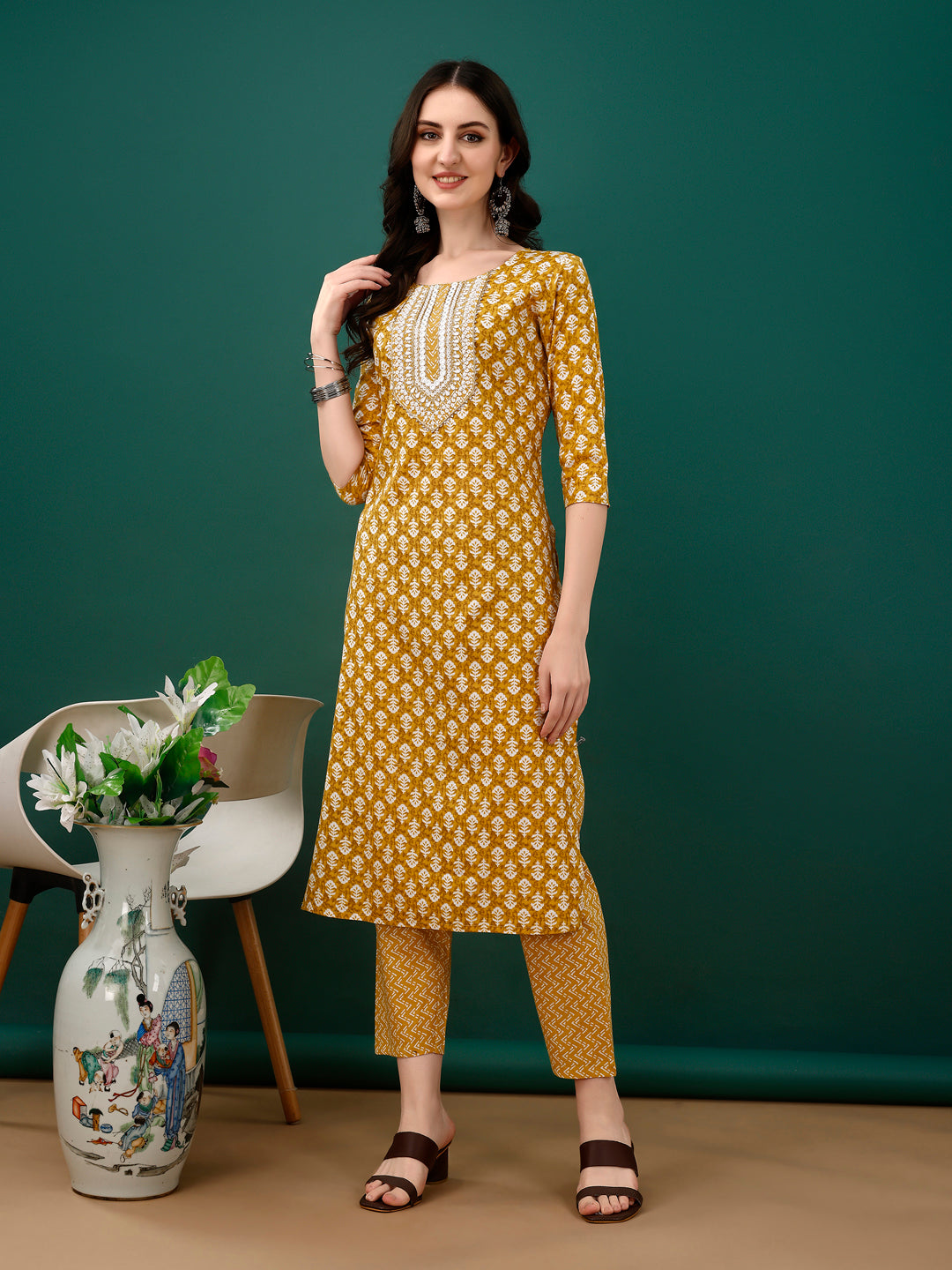 Embroidered & Printed Kurta With Pant & Dupatta, Mustard - Hiral Fashion