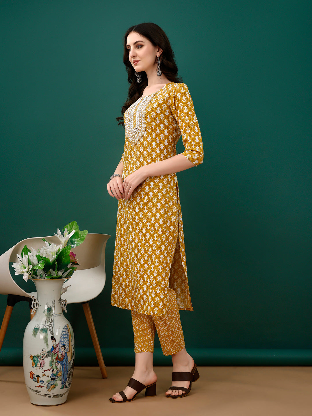 Embroidered & Printed Kurta With Pant & Dupatta, Mustard - Hiral Fashion