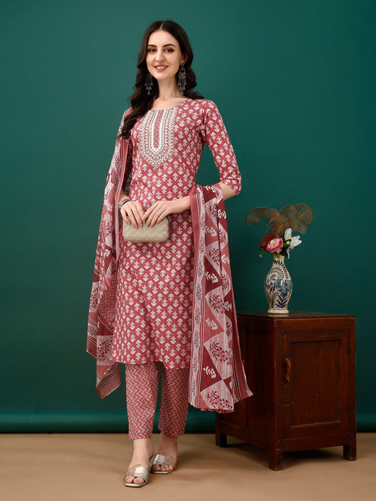 Embroidered & Printed Kurta With Pant & Dupatta, Pink - Hiral Fashion