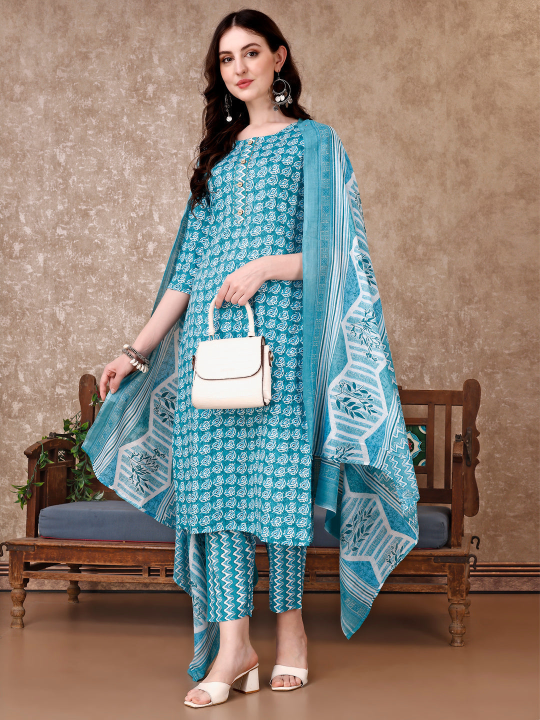 Leaf Printed Kurta With Printed Pant & Dupatta, Multicolor - Hiral Fashion