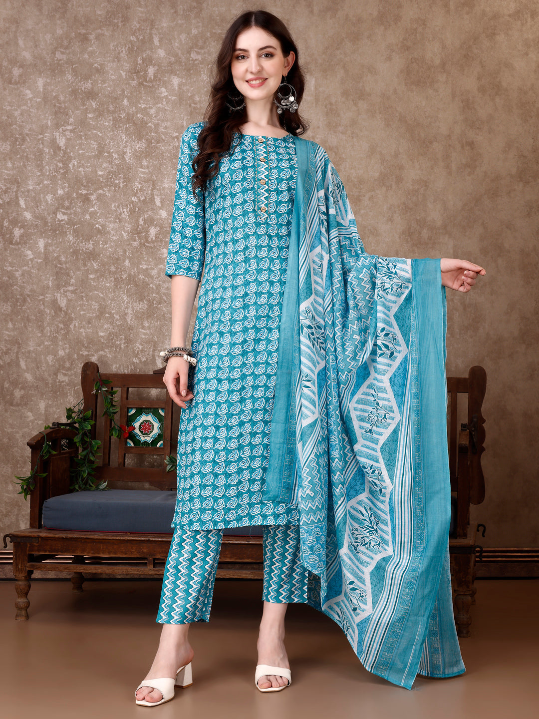 Leaf Printed Kurta With Printed Pant & Dupatta, Multicolor - Hiral Fashion