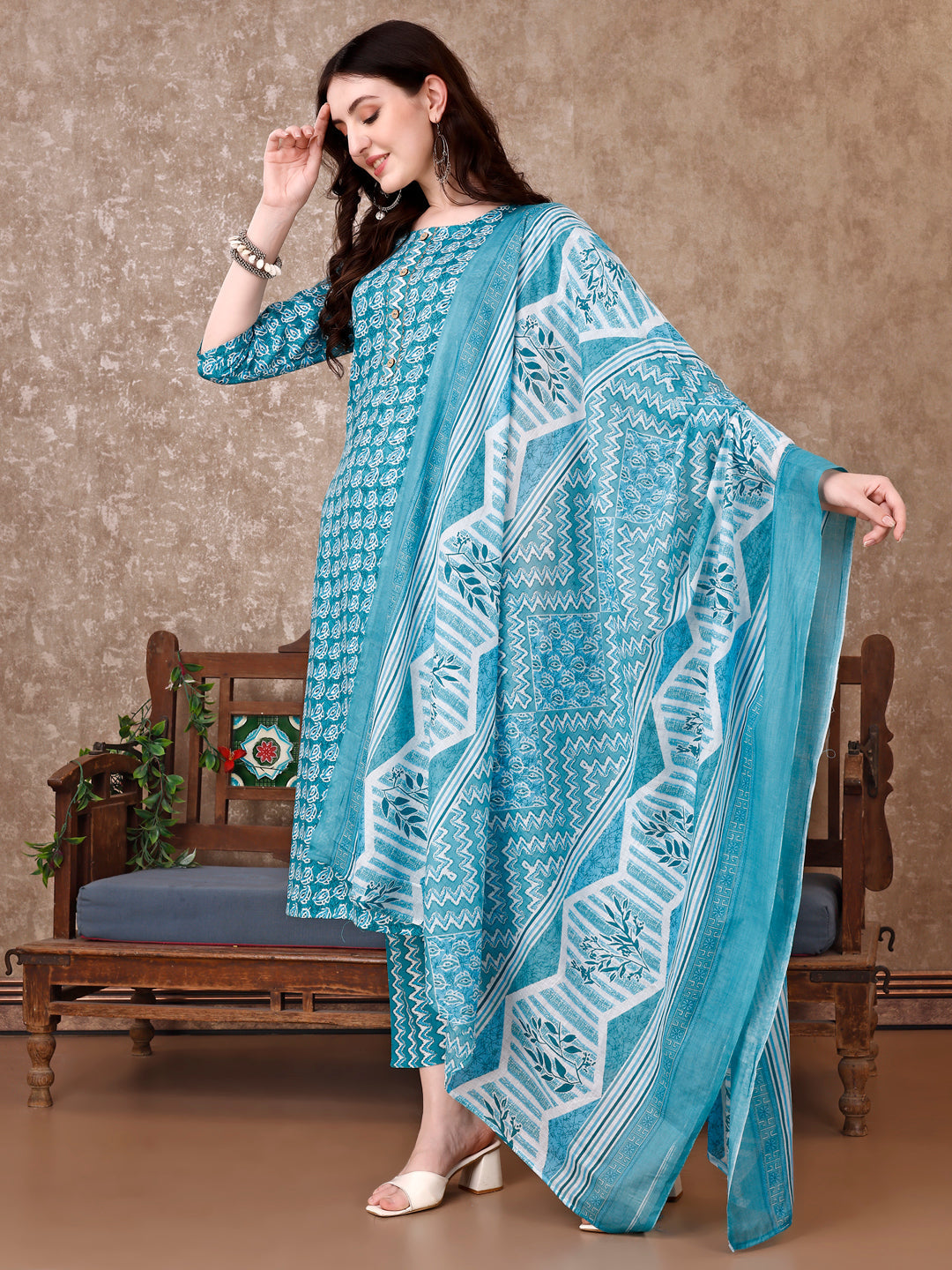 Leaf Printed Kurta With Printed Pant & Dupatta, Multicolor - Hiral Fashion