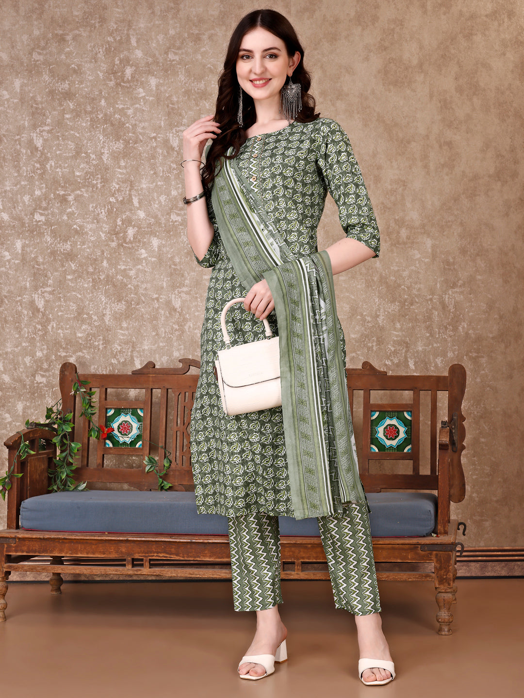 Leaf Printed Kurta With Printed Pant & Dupatta, Multicolor - Hiral Fashion